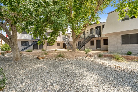 a courtyard with trees in front of a building